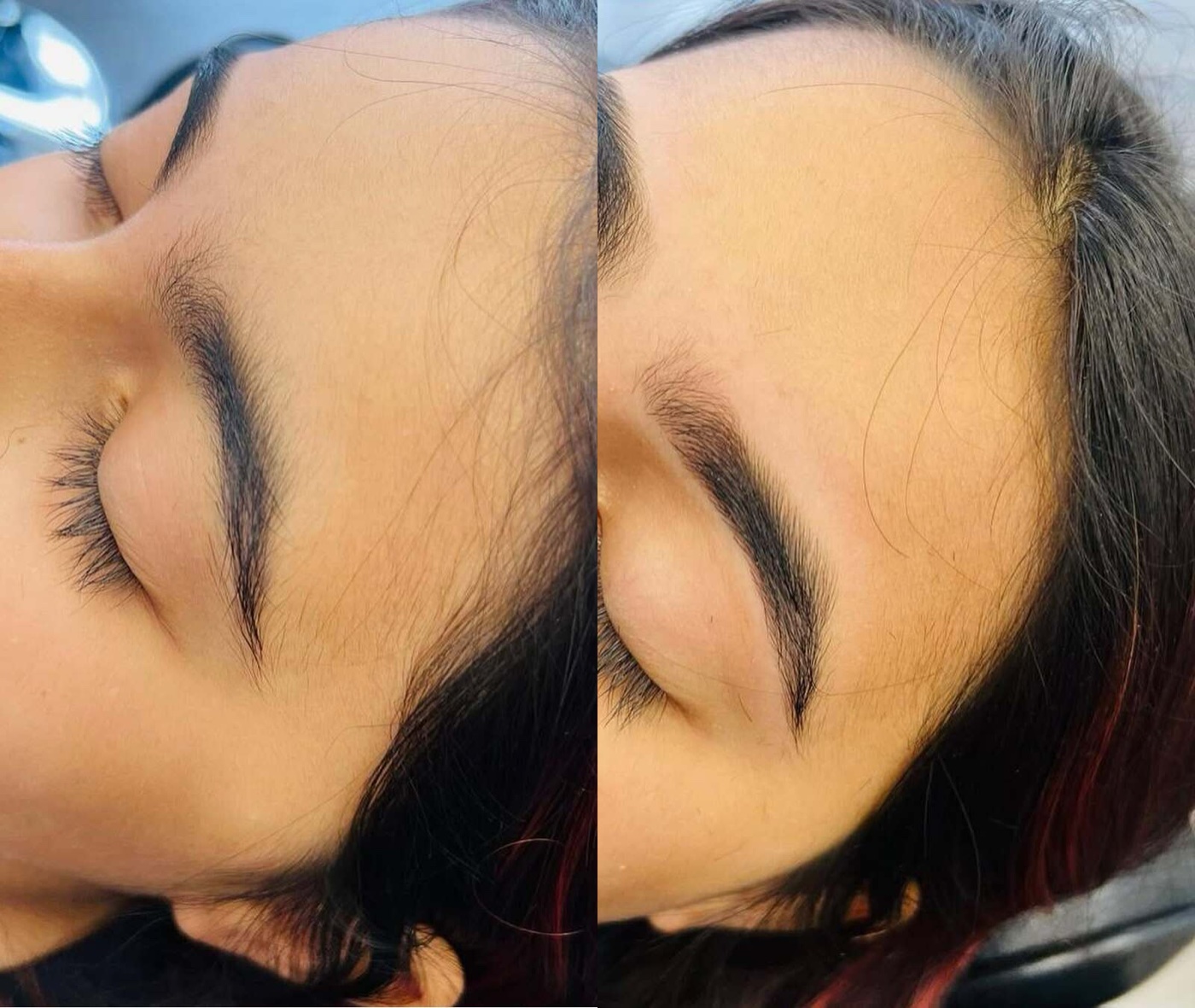 Before and after eyebrow threading at Threading Heaven — clean, shaped brows from a single visit