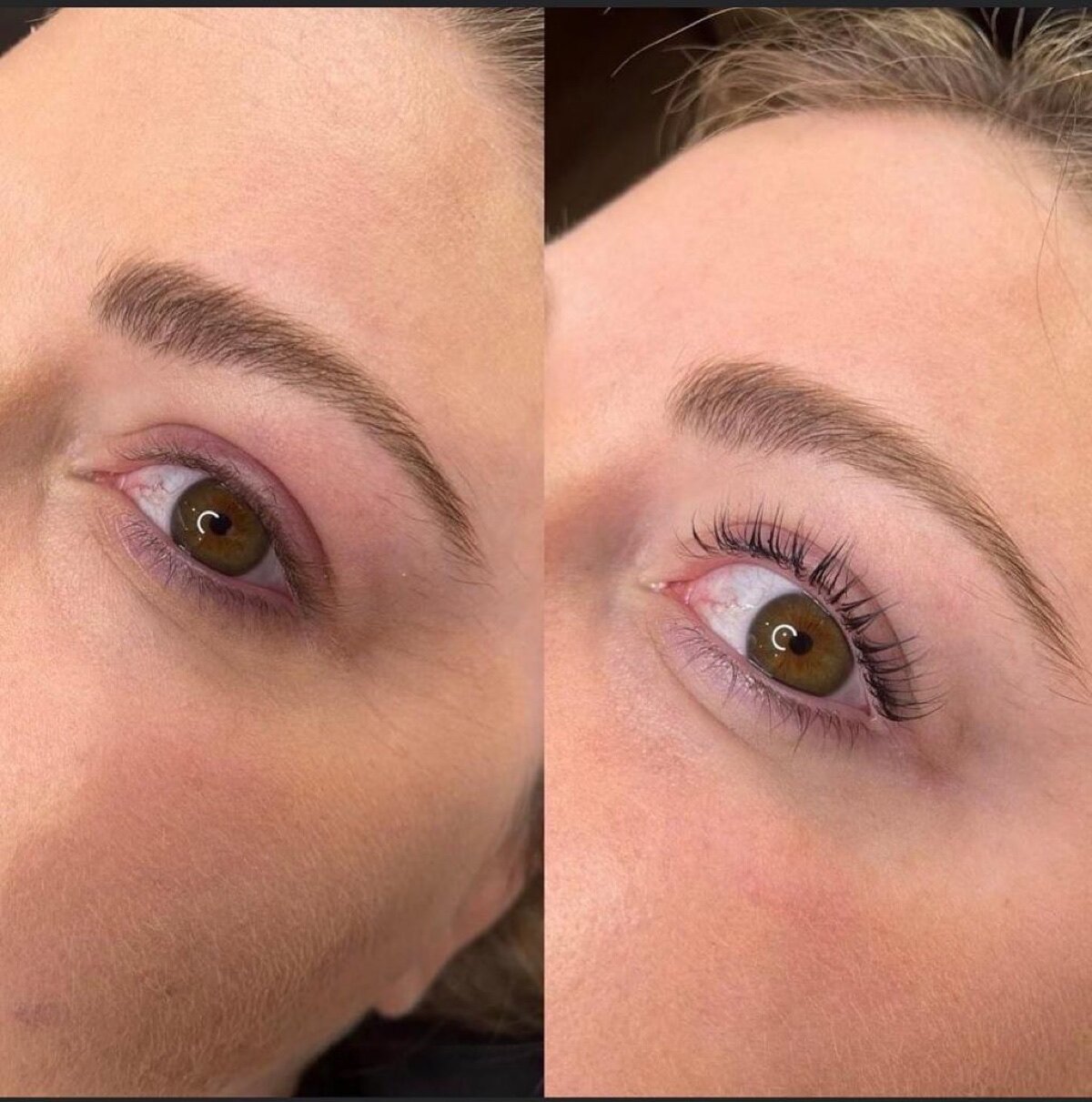 Before and after lash lift — natural lashes lifted and curled for 6 to 8 weeks